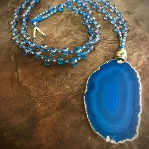 Blue Agate and Czech Fire Polished Glass Necklace
